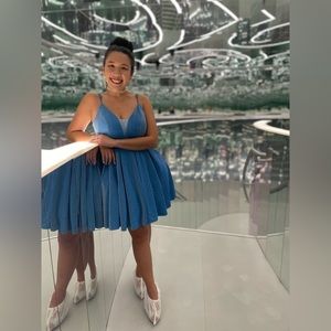 Sparkly Cinderella blue B. Darlin adjustable strap poof mini dress